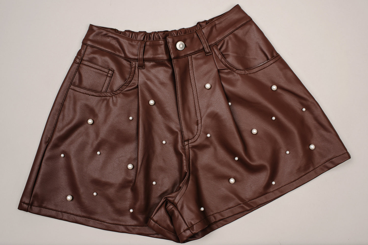 Dark Brown Leather Pearl Shorts