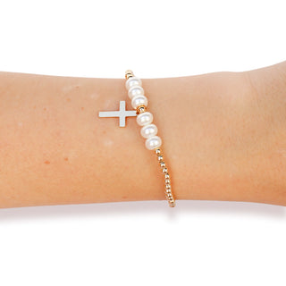 Cross + Pearl Gold Charm Bracelet