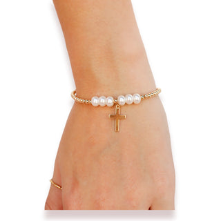 Cross + Pearl Gold Charm Bracelet