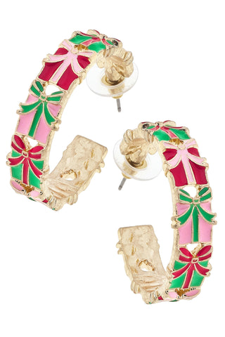 Gift Wrap Enamel Present Hoop Earrings in Pink/Green/Red