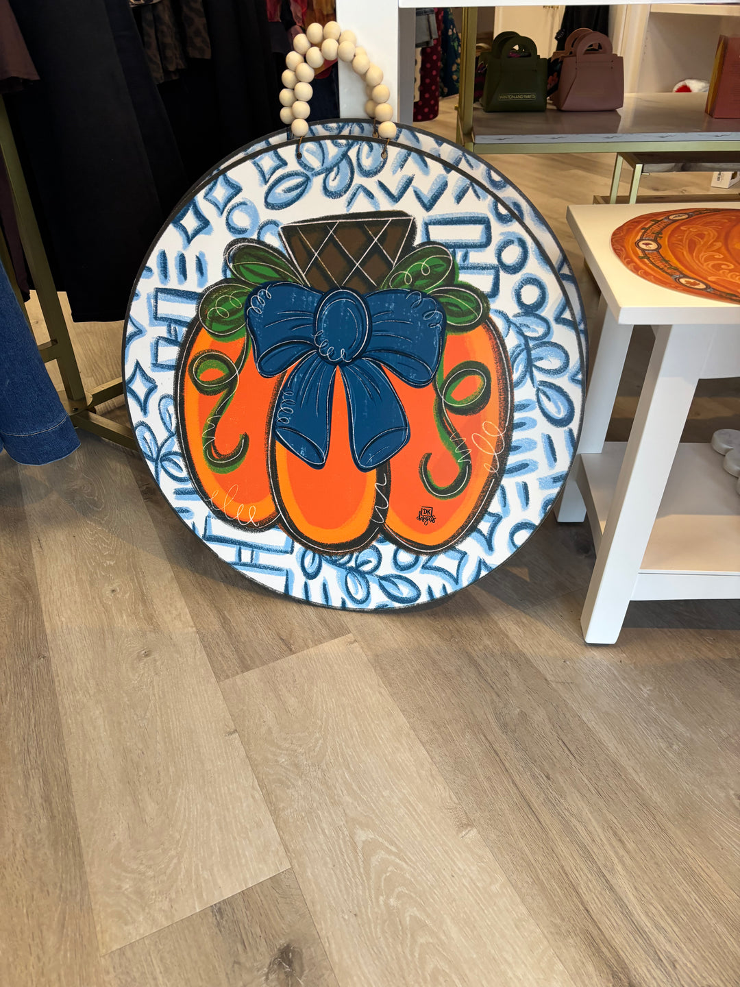 Blue Bow Pumpkin Circle Door Hanger