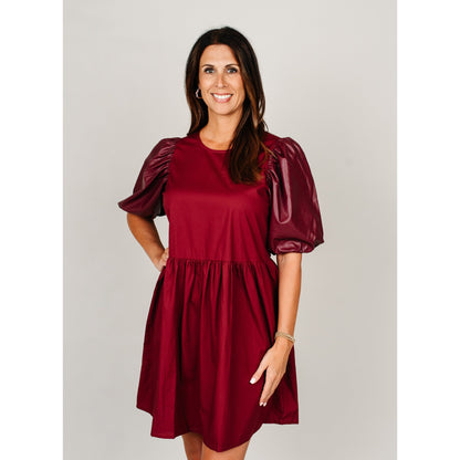 Maroon Leather Sleeve Dress