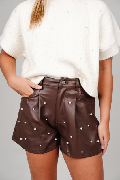 Dark Brown Leather Pearl Shorts