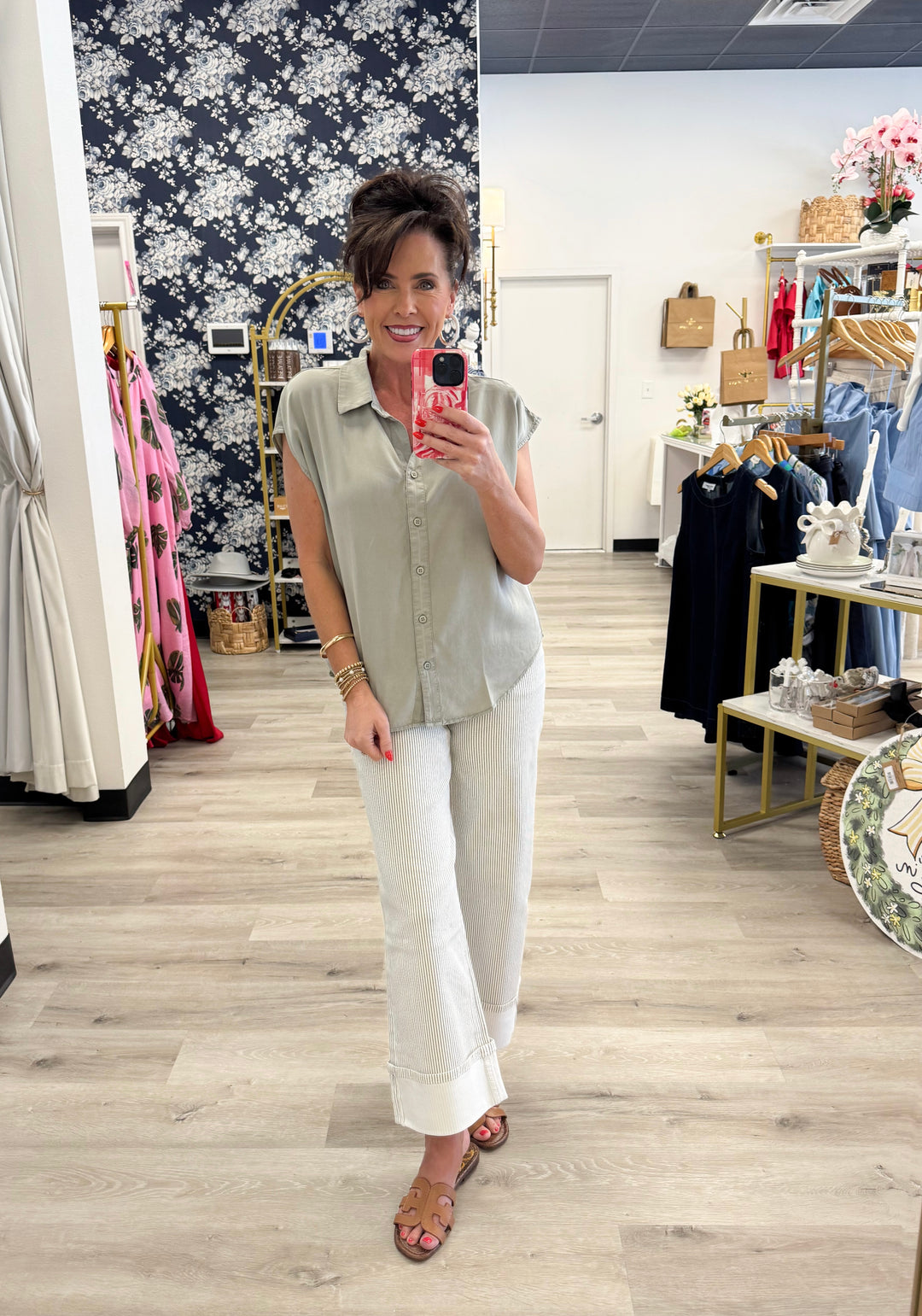 High Rise Stripe Cuffed Wide Leg Pants