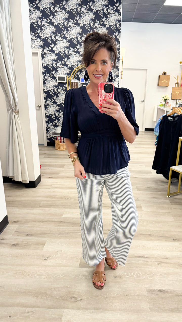 High Rise Patch Pocket Stripe Crop Wide Leg Pants