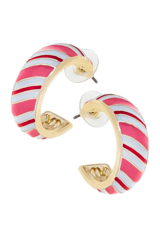 Candy Cane Striped Enamel Hoop Earrings in Pink/White/Red