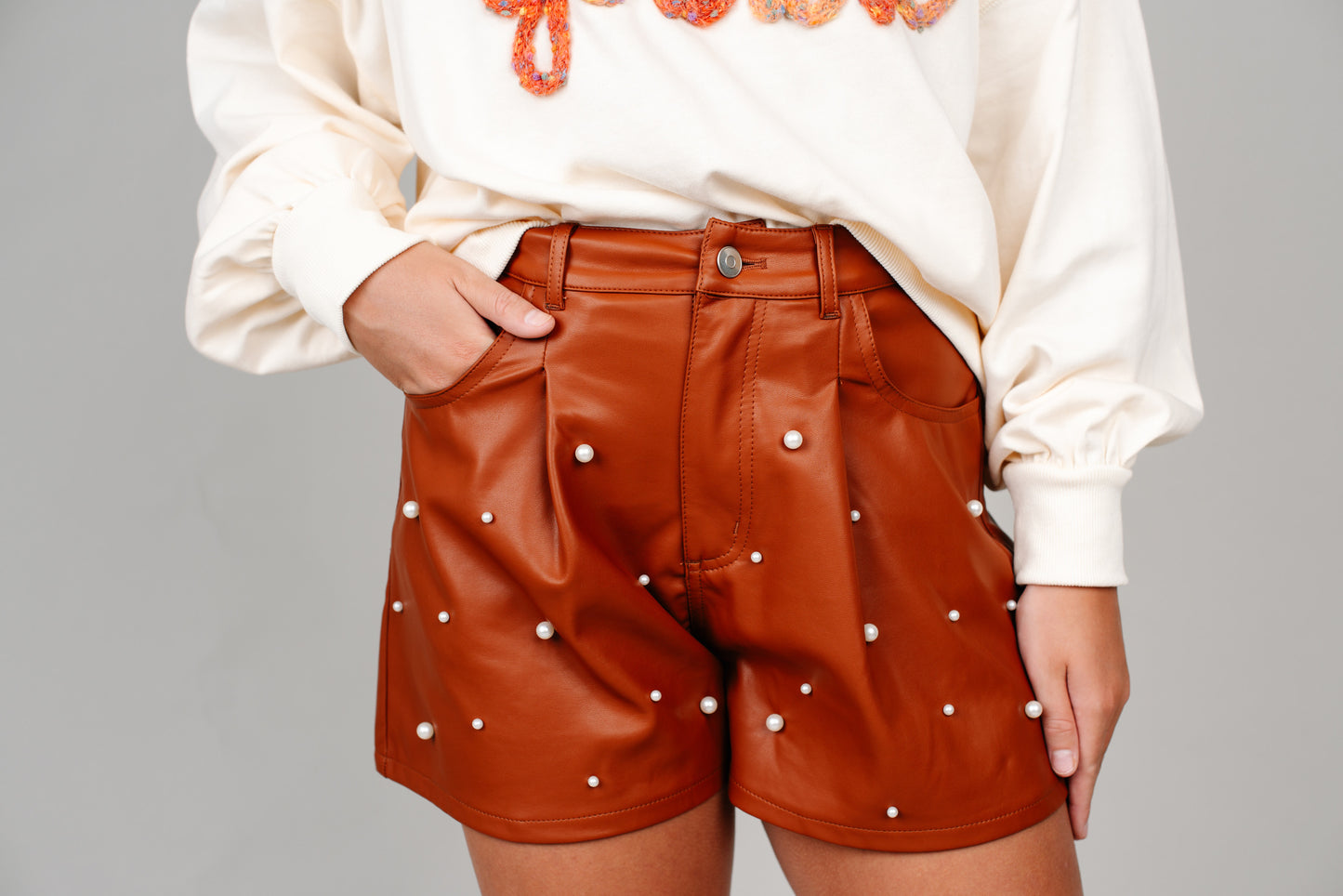 Light Brown Leather Pearl Shorts