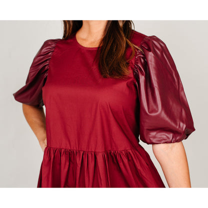 Maroon Leather Sleeve Dress