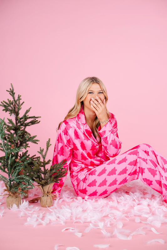 Pink Satin Christmas Tree pj's