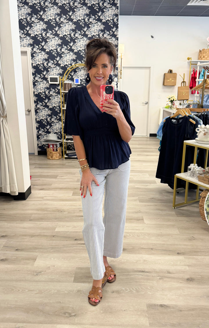 High Rise Patch Pocket Stripe Crop Wide Leg Pants