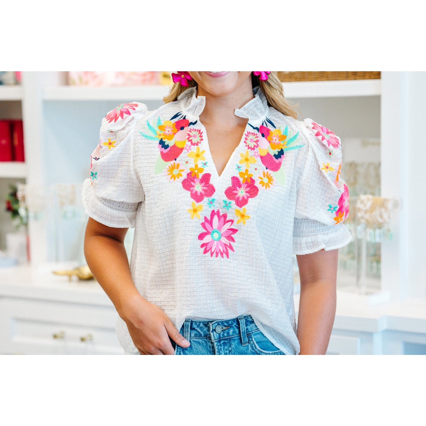 THML White Textured Embroidered Top