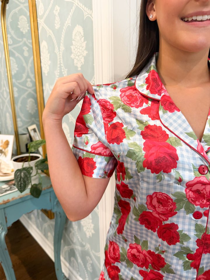 Blue Gingham + Red Roses Pajamas