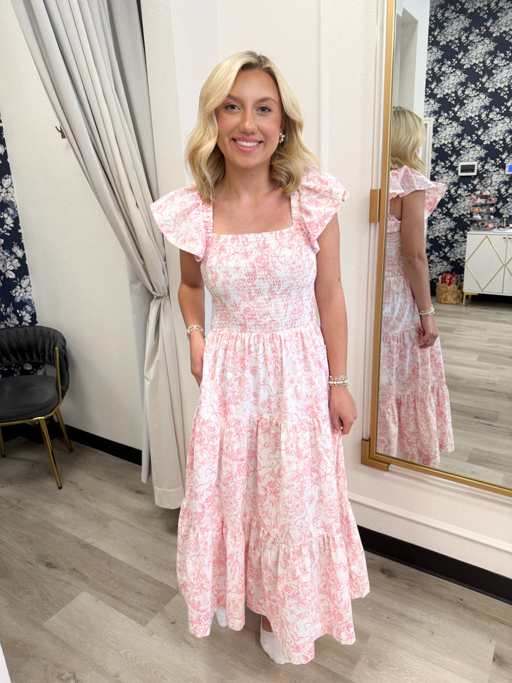 Bow Toile Smocked Flutter Sleeve Midi Dress