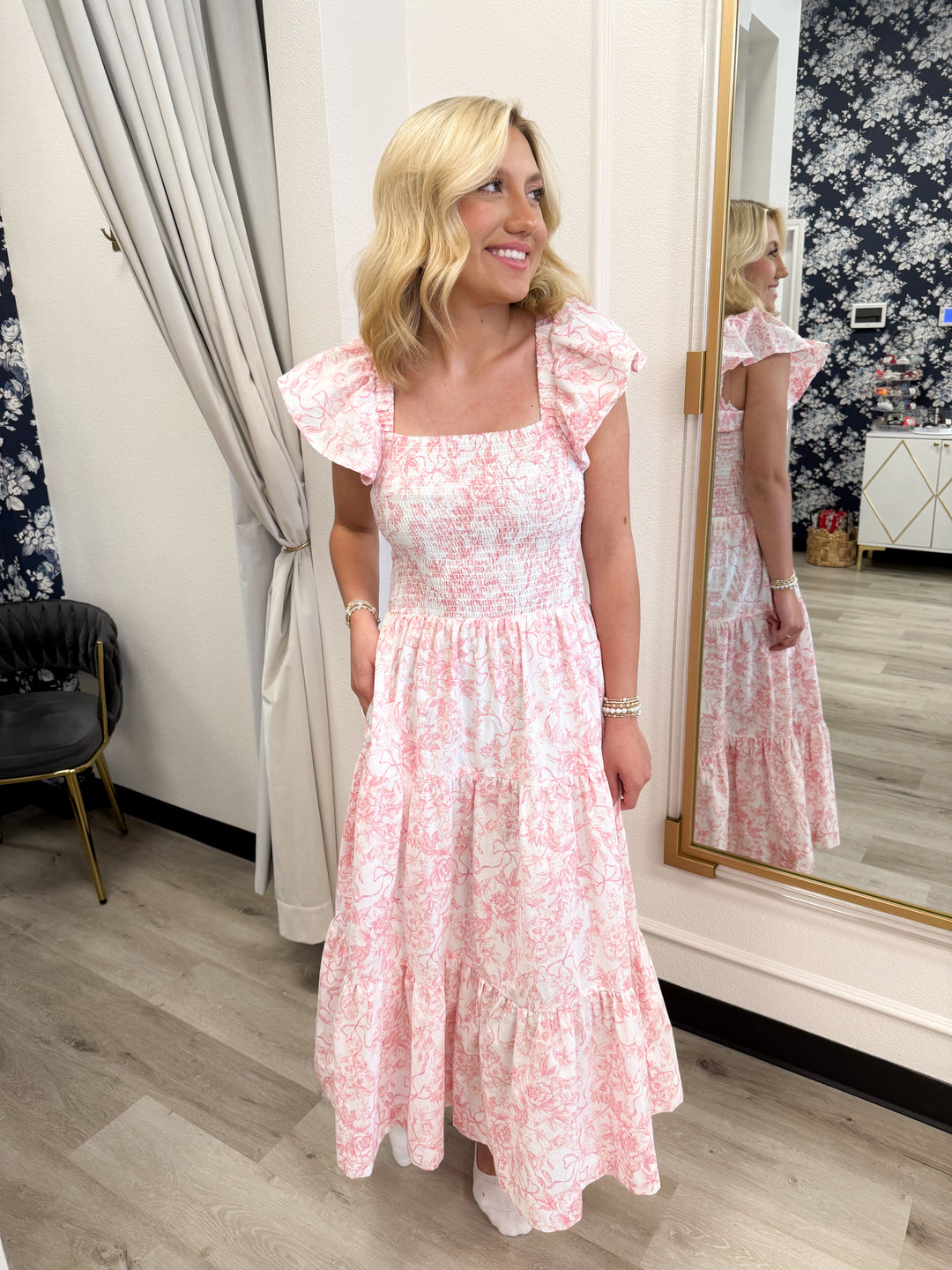 Bow Toile Smocked Flutter Sleeve Midi Dress