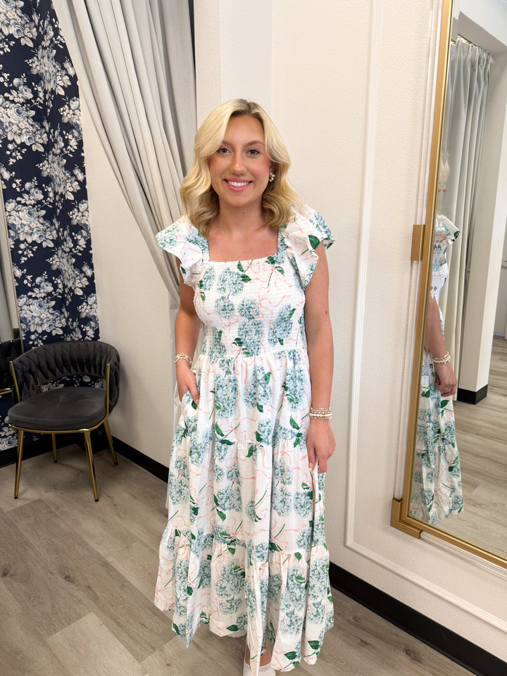 Hydrangea Ribbons Smocked Flutter Sleeve Midi Dress