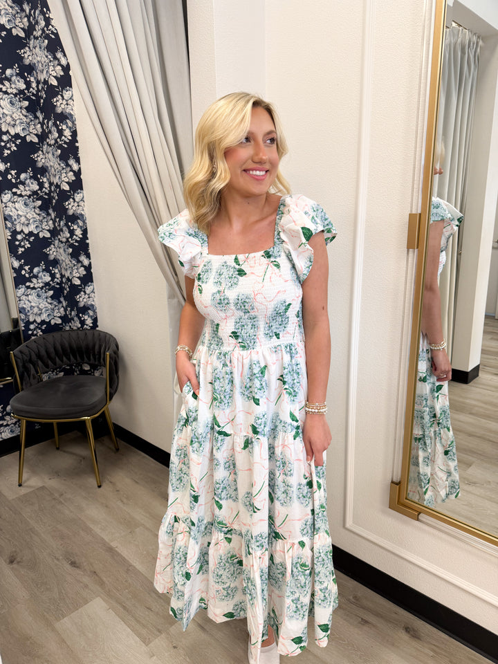 Hydrangea Ribbons Smocked Flutter Sleeve Midi Dress