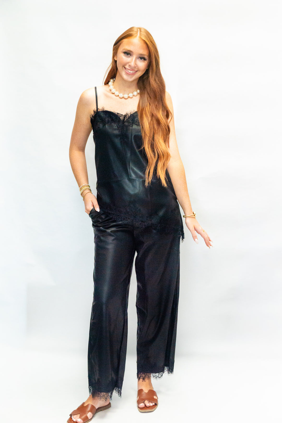 Camille Leather &amp; Lace Pant Set
