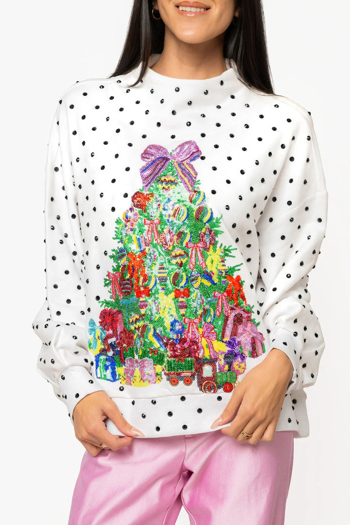 White &amp; Black Polka Dot Multi Christmas Tree Mockneck Sweatshirt By Queen Of Sparkles