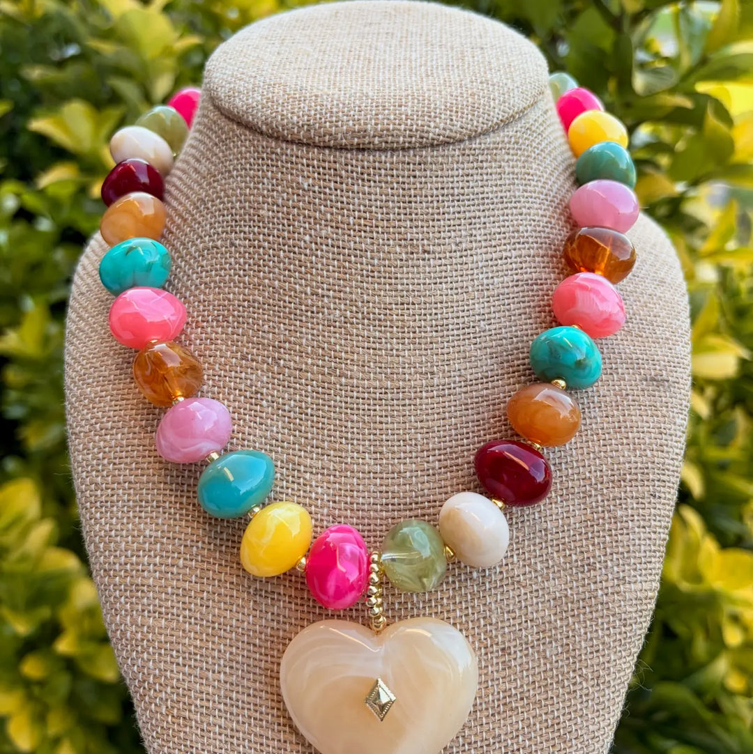 Multi Beaded Necklace with Neutral Heart Pendant