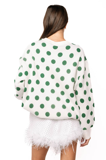 Queen Of Sparkles White &amp; Green Polka Dot Sequin Santa Sweater