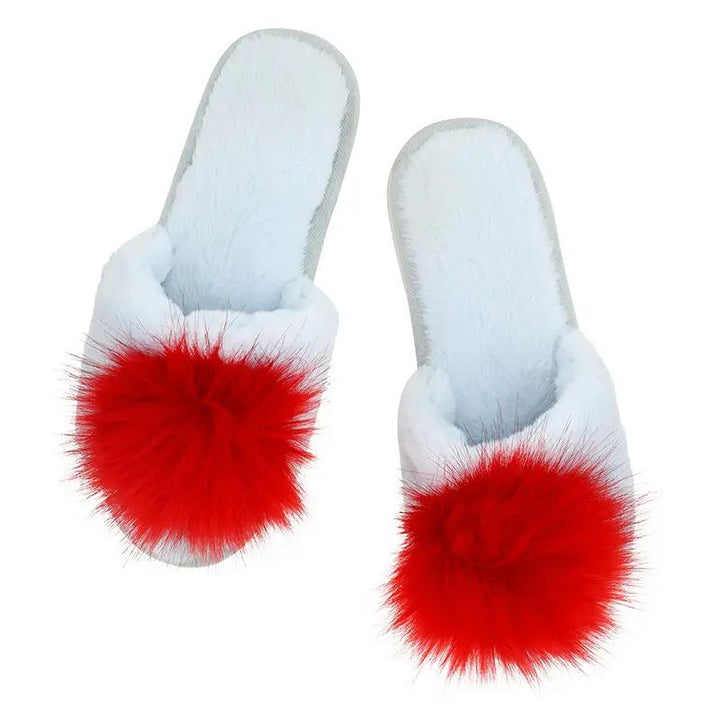 Pom Pom Slippers - Light Blue + Red Pom Pom