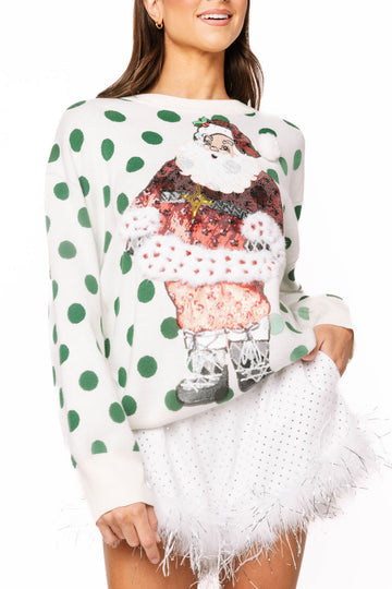 Queen Of Sparkles White &amp; Green Polka Dot Sequin Santa Sweater
