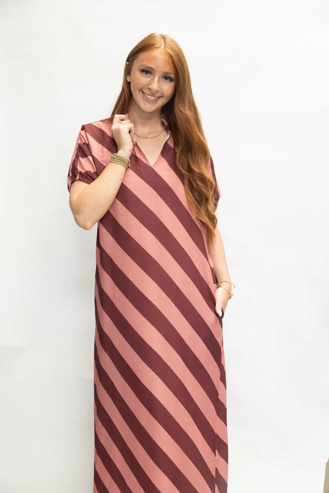 Pink &amp; Burgundy Stripe Midi Dress