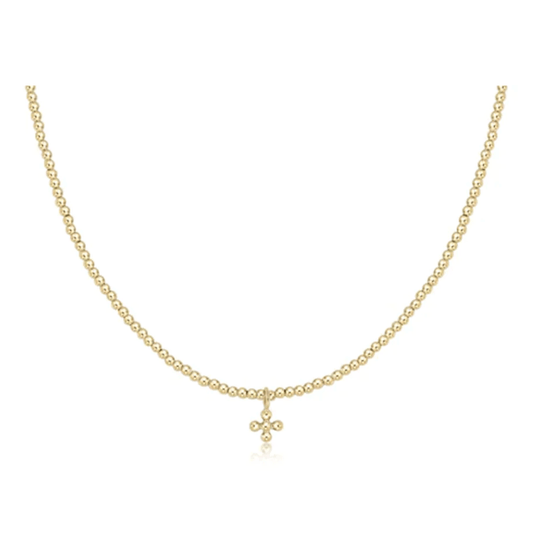 E Newton 15" Chocker Classic Gold 2mm Bead Classic Beaded Signature Cross Small Gold Charm