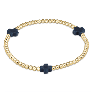 E Newton Signature Cross Gold Pattern 3mm Bead Bracelet-Navy