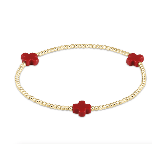 E Newton - Signature Cross Gold Pattern 3mm Bead Bracelet - Red