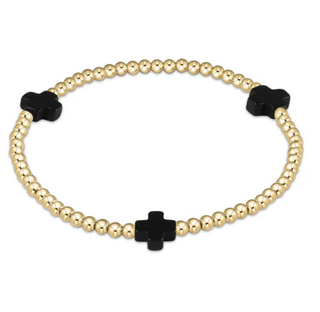 E Newton - Signature Cross Gold Pattern 3mm Bead Bracelet - Onyx