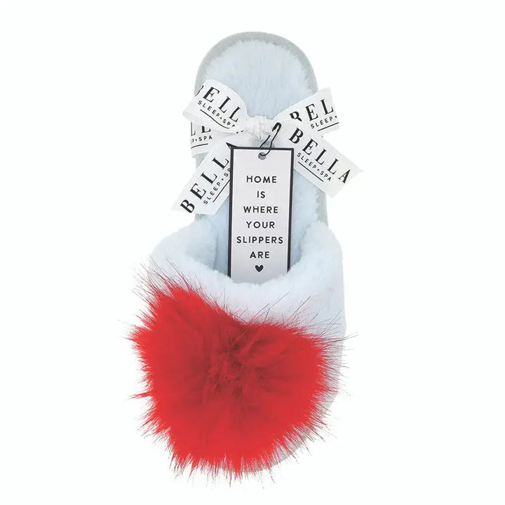 Pom Pom Slippers - Light Blue + Red Pom Pom